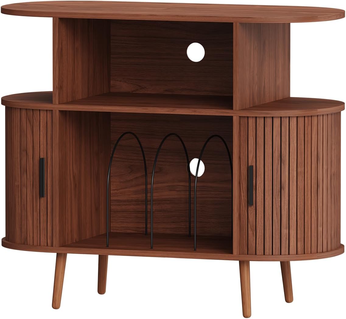 35.4' Record Player Stand with Storage - Vinyl Record Storage Cabinet & Media Console Holds 300+ Records, Mid Century Modern Turntable Stand for Living Room (Walnut, 35.4')