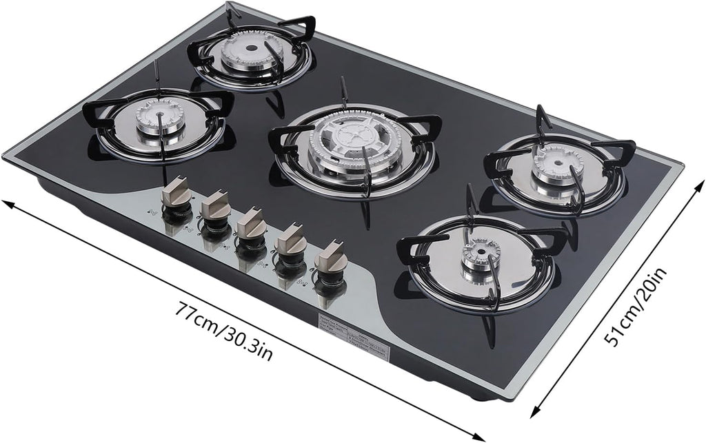 5 Burners Propane Gas Cooktop, 30 Inch Built-In Gas Cooktop Lpg/Ng Gas Stove Top for Kitchen - 8 Mm Tempered Glass, Pulse Ignition Type