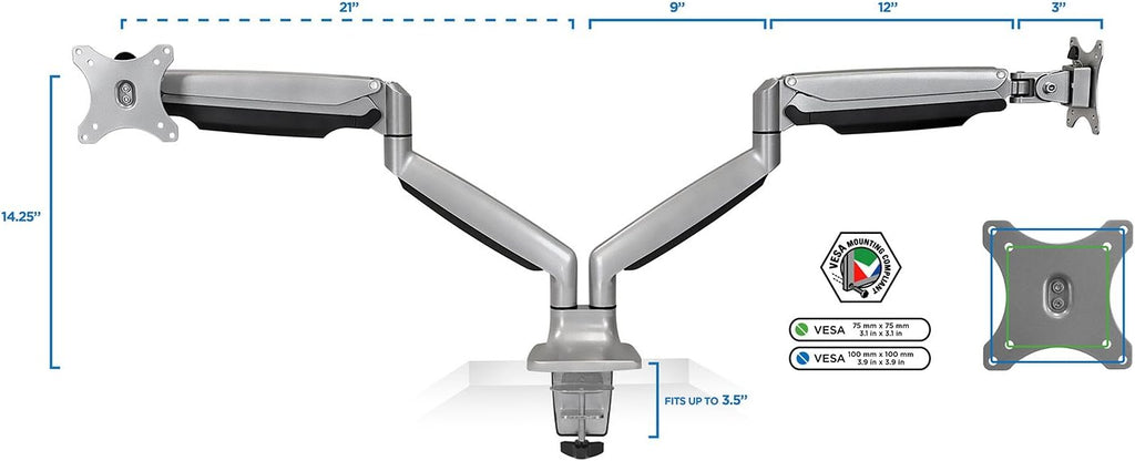 Mount-It! (MI-1772) Dual Monitor Arm Mount Desk Stand Two Articulating Gas Spring Height Adjustable Arms | Fits Up To 32' VESA 75 100 Compatible Screens | C-Clamp and Grommet Bases (Silver)