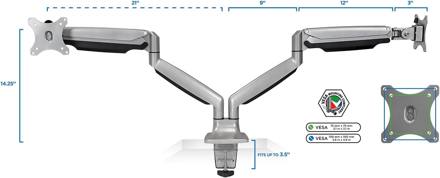 Mount-It! (MI-1772) Dual Monitor Arm Mount Desk Stand Two Articulating Gas Spring Height Adjustable Arms | Fits Up To 32' VESA 75 100 Compatible Screens | C-Clamp and Grommet Bases (Silver)