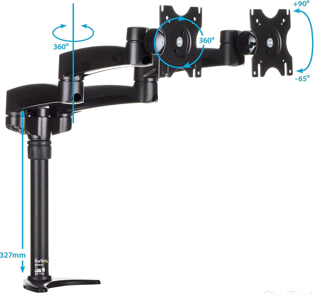 StarTech.com Desk Mount Dual Monitor Arm - Articulating - Supports Monitors 12'' to 24' (29.9lb/13.6kg) - Adjustable VESA Monitor Arm - Grommet or Desk Mount - Black (ARMDUAL)