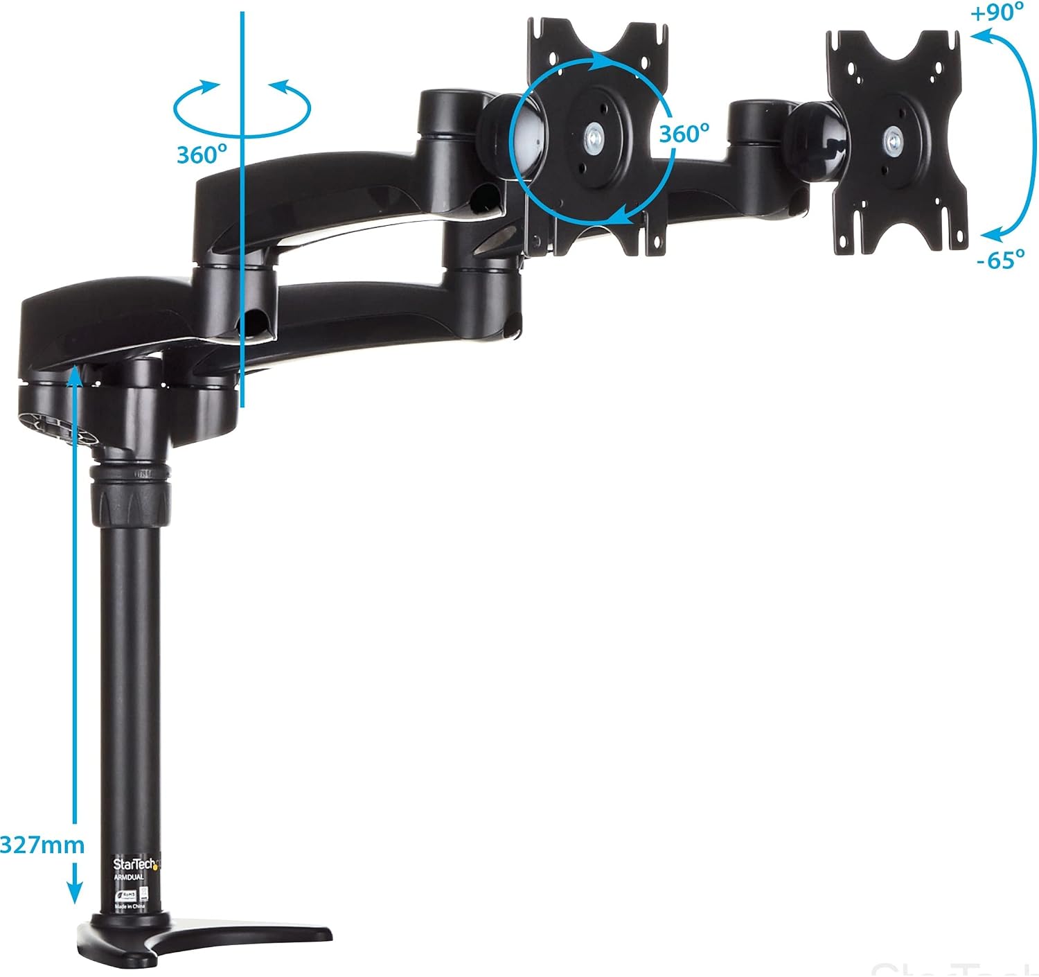StarTech.com Desk Mount Dual Monitor Arm - Articulating - Supports Monitors 12'' to 24' (29.9lb/13.6kg) - Adjustable VESA Monitor Arm - Grommet or Desk Mount - Black (ARMDUAL)