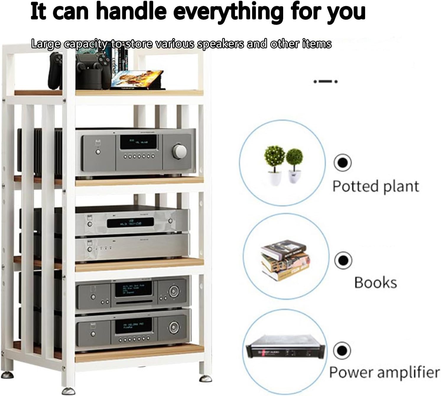 4-Tier DVD CD Player Stand, Wooden AV Media Cabinet for Home/Office/Theater, Stereo Amplifier Rack, Audio Video Component Storage Solutions
