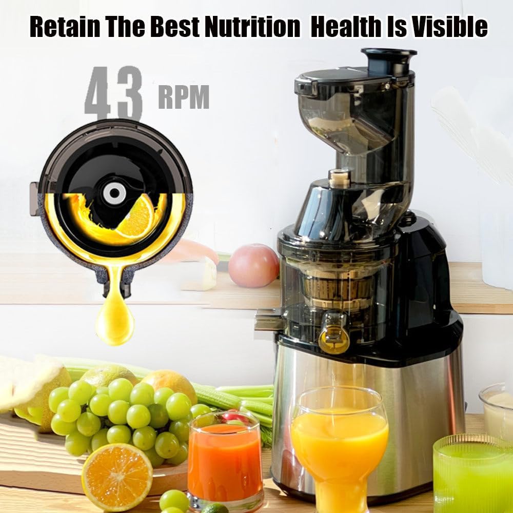 Stainless Steel Juicer Machines, Cold Press Juicer Machines With 3.2' Large Feed Chute, Slow Masticating Juice Extractor For Fruit And Vegetable, High Juice Yield Easy To Clean