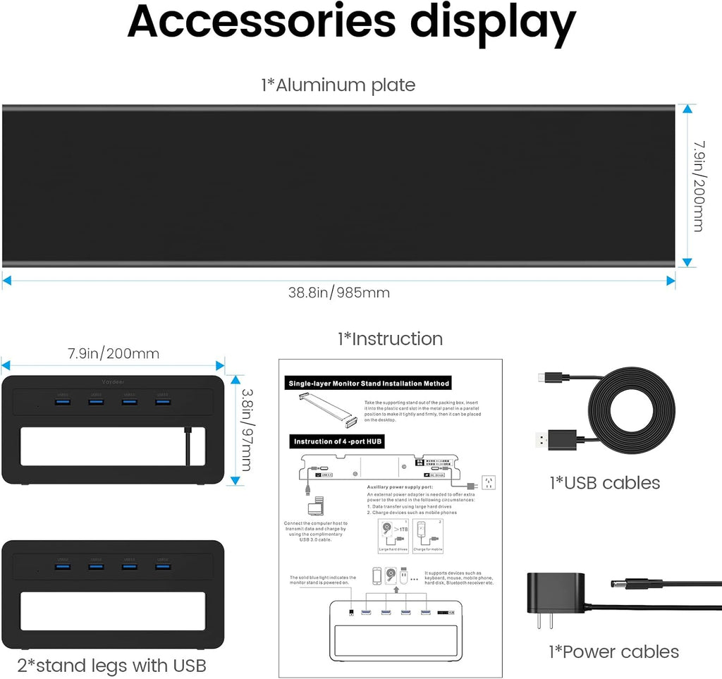 Vaydeer Dual Monitor Stand Computer Riser with USB 3.0 Hub Ports, Double Metal Stand for 2 Computer, TV, PC, Printer, Multi Media Speaker, Multifunctional Desktop Organizer