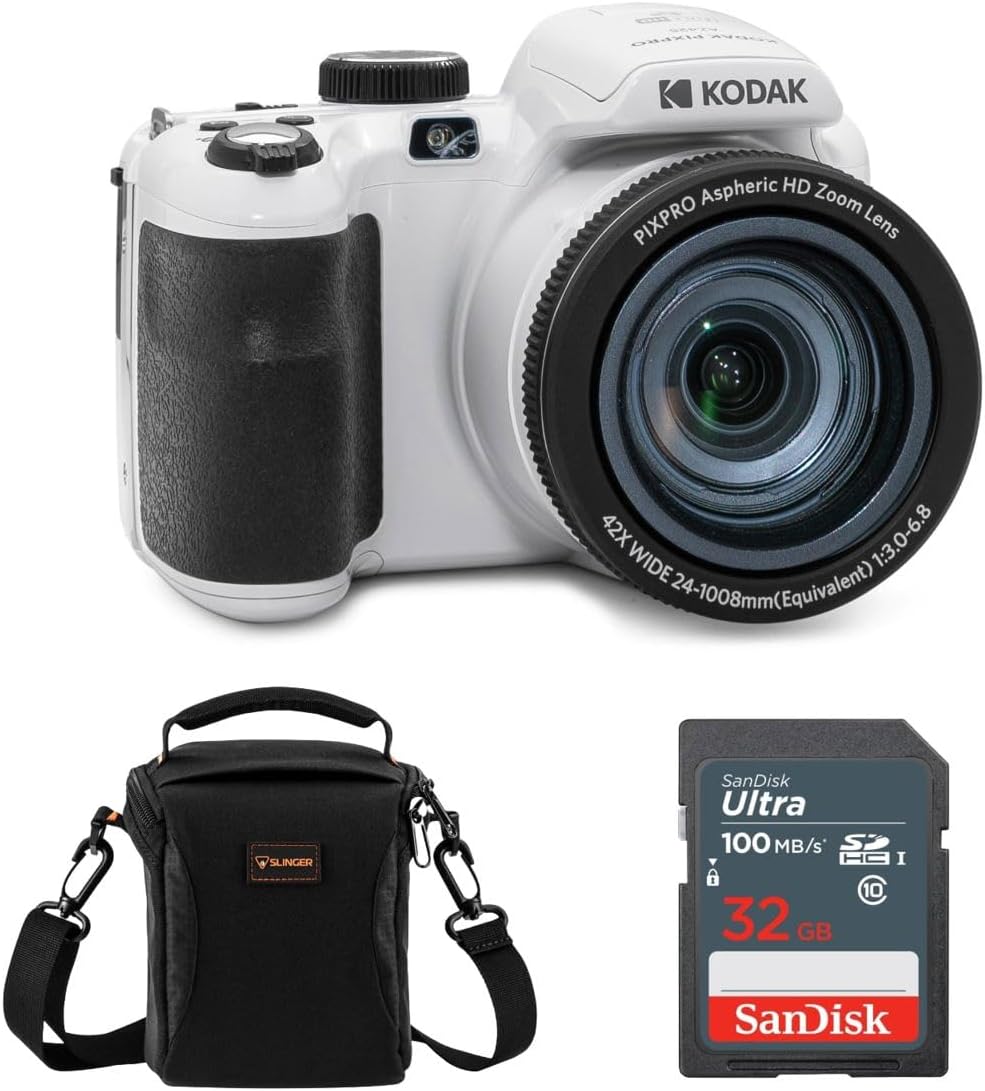 KODAK PIXPRO AZ425-RD 20MP Digital Camera 42X Optical Zoom 24mm Wide Angle 1080P Full HD Video Optical Image Stabilization Li-Ion Battery 3' LCD Vlogging, 32GB SD Card & Camera Bag (White)