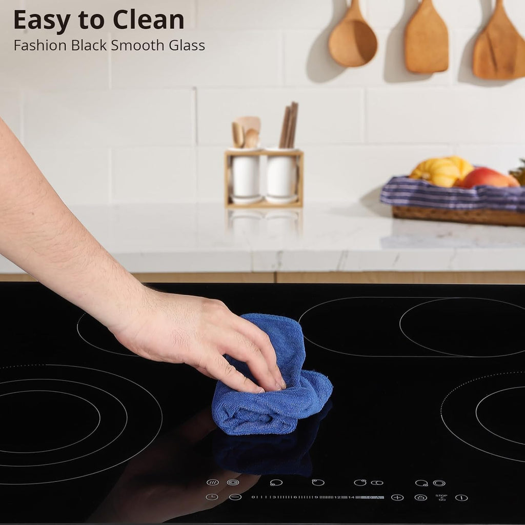 GarveeTech Burner Electric Cooktop - 35.4 in 8800W/240V, Ceramic Glass Radiant Electric Stovetop Built-In Stove Top, Ceramic Glass Radiant Stovetop, Timer, Kid Safety Lock, BLACK