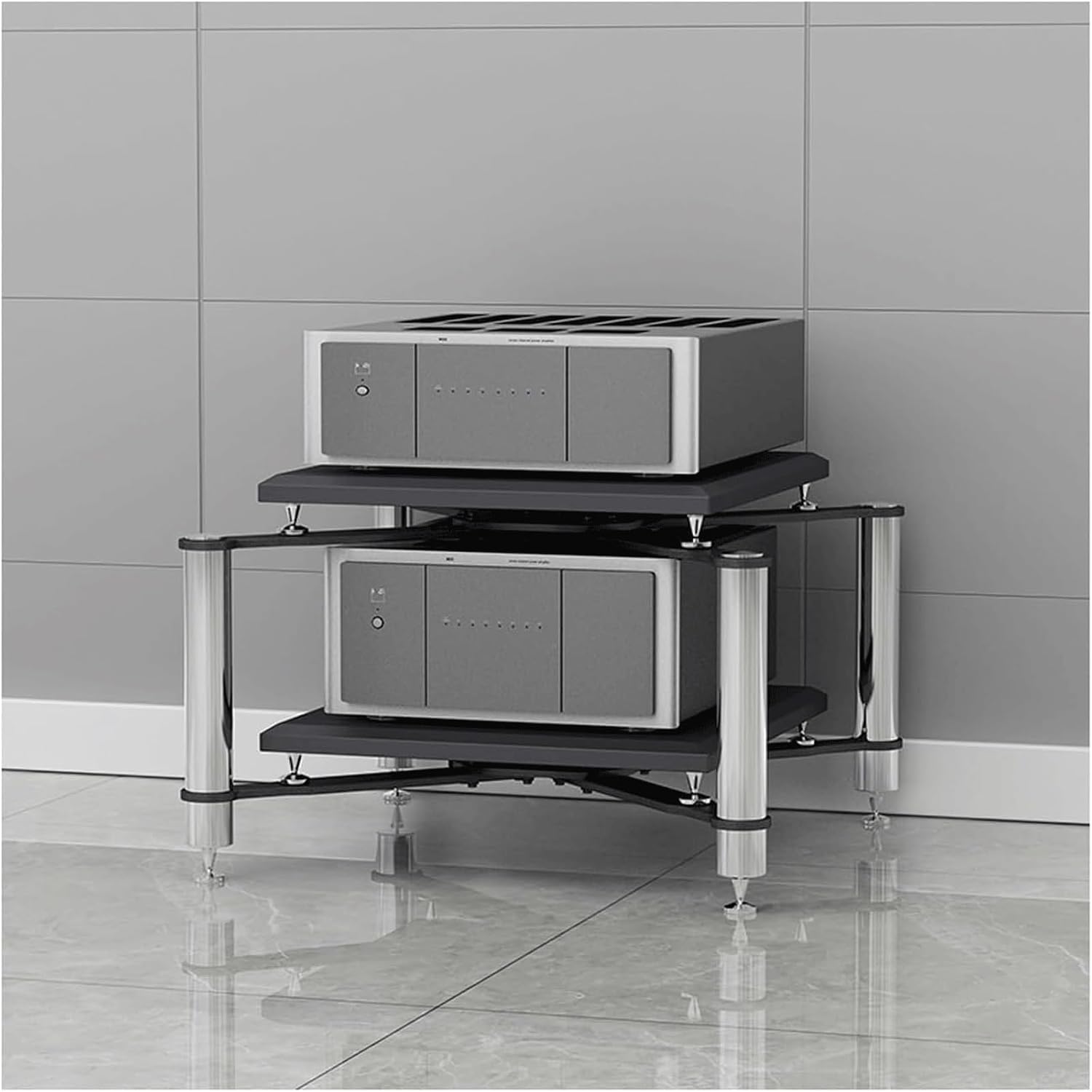 Audio Rack Stainless Steel Stereo Rack Audio Equipment Rack Audio Open Rack Cabinet Audio-Video Shelving with Shock-Absorbing Feet(Silver,2 Tier)