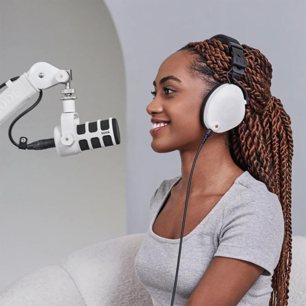 Rode NT1 Signature White Condenser Mic Home Studio Bundle with Focusrite Scarlett Solo 4G, PSA1+ W Boom Arm, and NTH-100 W Headphones — 4 dBA Self-Noise, Air Mode, Reference