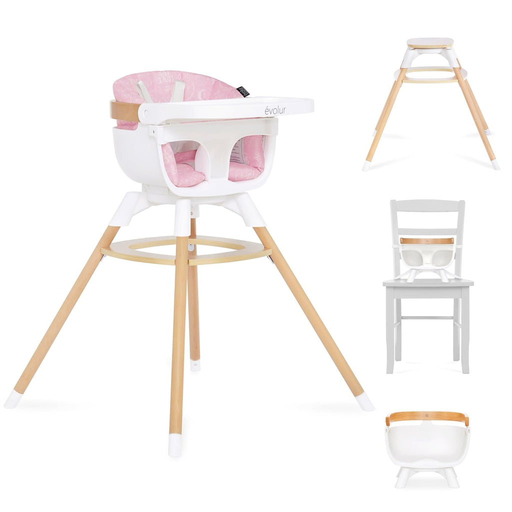 Evolur Ann Beechwood 4-in-1 Highchair | 360 Seat Rotation | Booster seat | Floor Chair | Bar Stool Chair | 5 Point Safety Harness | Pink