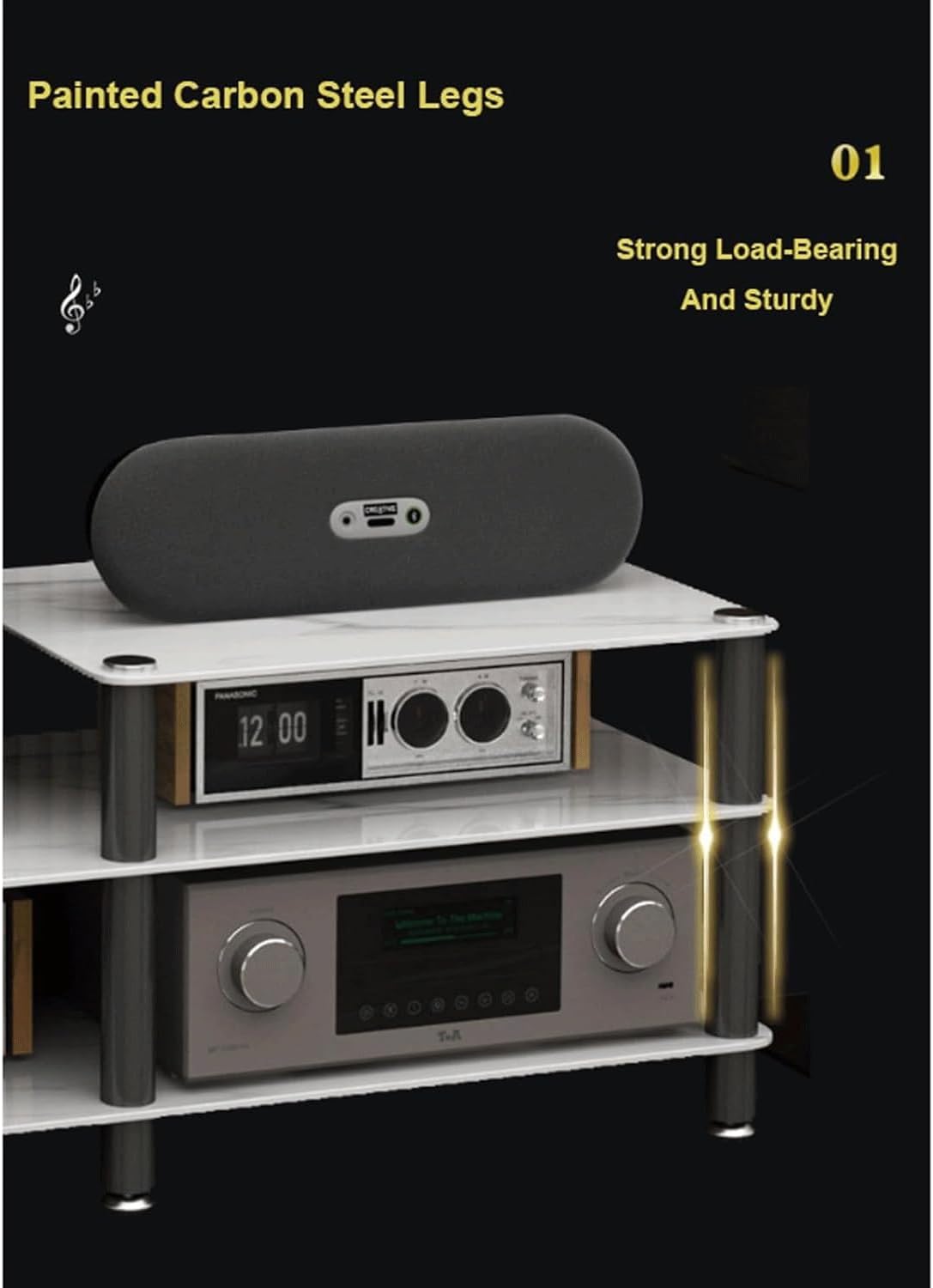 Audio Rack Stereo Rack Audio Equipment Rack Audio Open Rack Cabinet HiFi Rack Audio-Video Shelving with Stone Plate and Carbon Steel(Nero,3 Tier)