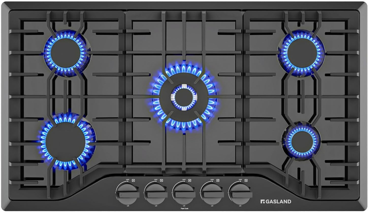 GASLAND 36 Inch Gas Cooktop 5 Italy Sabaf Burner, PRO GH2365EF, Built-in NG/LPG Convertible Stovetops, Gas Countertop Plug-in with Thermocouple Protection, CSA Certified, Black