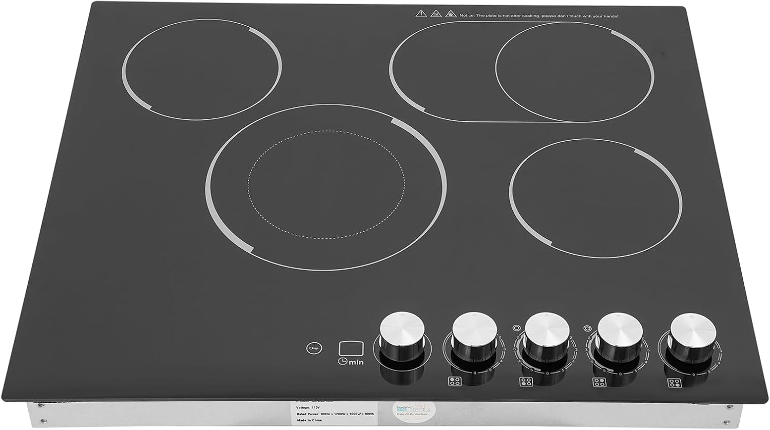 Electric Cooktop, 4 Burner 3400W Built-in Stovetop, Electric Stove Top with Timer, 5 Heating Level, Kid Safety Lock, 110V Hard Wire, No Plug