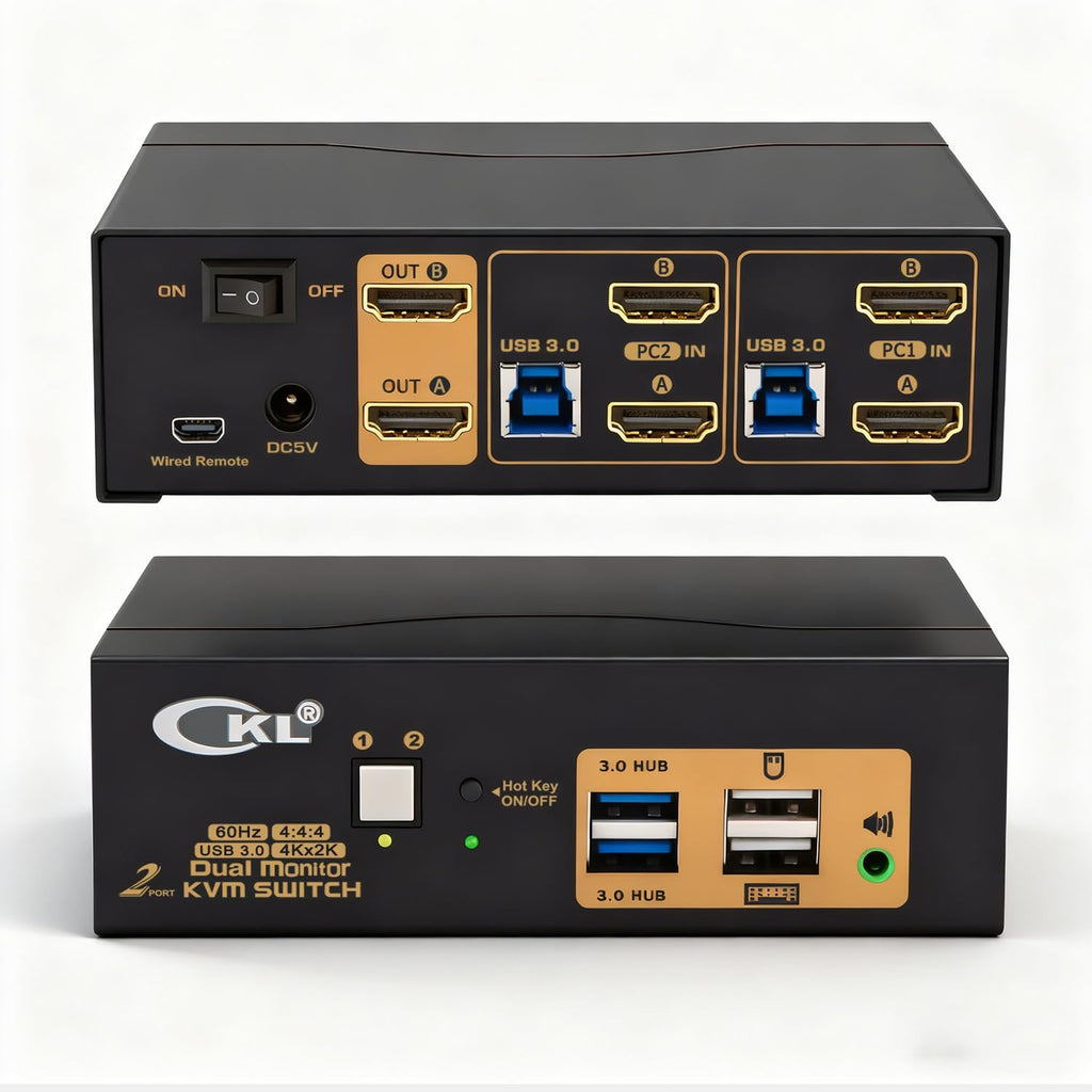 CKL KVM Switch Dual Monitor HDMI 4K@60Hz (2 Monitors 2 Computers 922HUA-3) for Home and Office to Console Desktops/Laptops, Support USB 3.0, Hot Key, Audio, Wireless Keyboard and Mouse