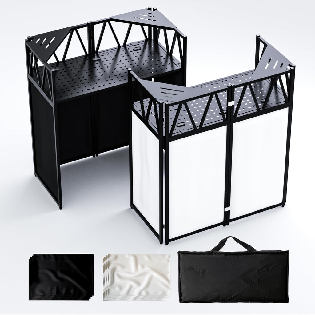 RDCMKL DJ Table Stand Portable Booth, All-Metal Heavy-Duty Foldable DJ Stand, Iron Plate Surface DJ Facade Booth, with 8 Machine-Washable Scrims, Travel Bag