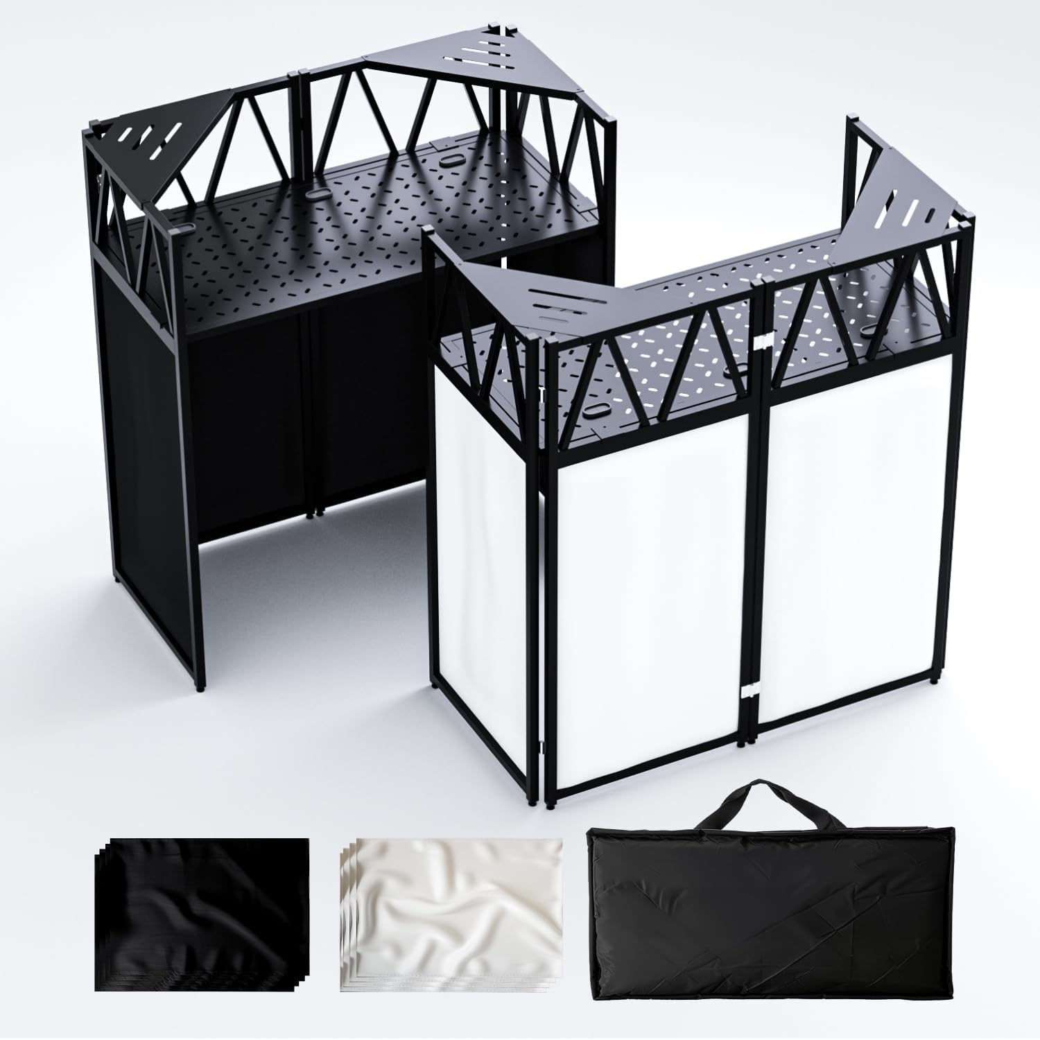 RDCMKL DJ Table Stand Portable Booth, All-Metal Heavy-Duty Foldable DJ Stand, Iron Plate Surface DJ Facade Booth, with 8 Machine-Washable Scrims, Travel Bag