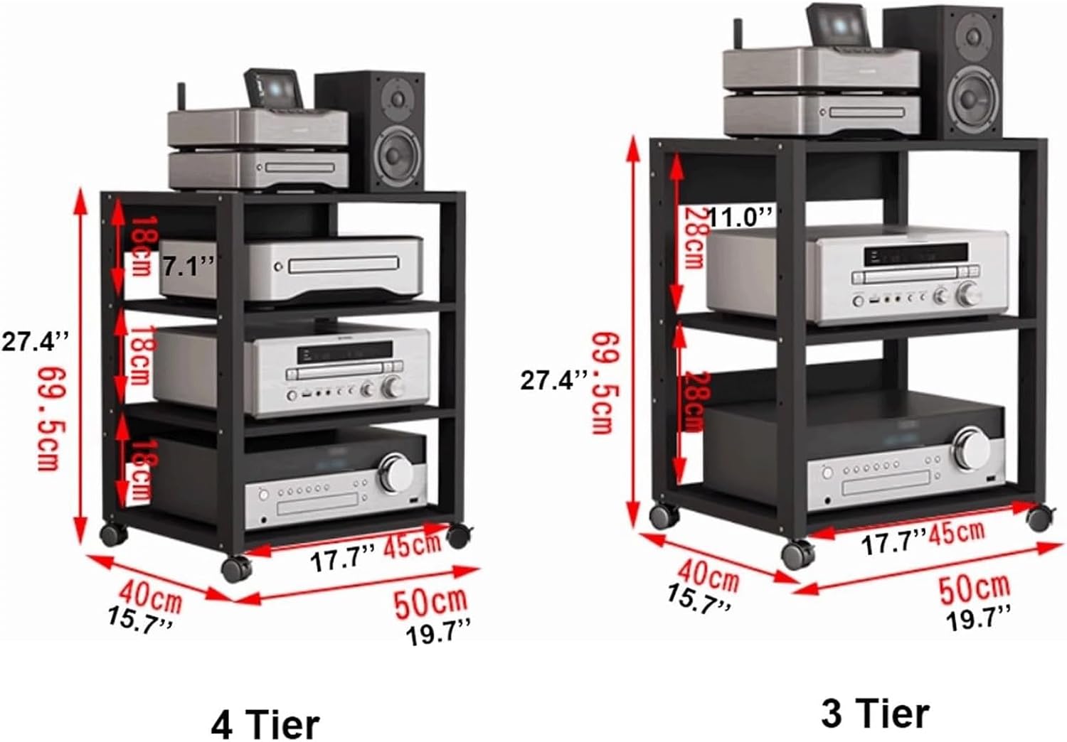 Audio Rack Mobile Stereo Rack Audio Equipment Rack Wooden Audio Rack Cabinet with Height Adjustable Shelves HiFi Rack with Wheels(Nero,4 Tier)