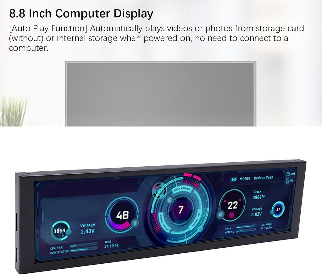 8.8 Inch Computer Secondary Screen,1920x480 LCD Display,PC Temperature Monitor,Computer Case Temperature Screen,Computer Secondary Display,CPU GPU Monitor