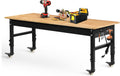 Betterhood 70' Adjustable Workbench on Wheels, 2000 LBS Heavy Duty Work Table with Power Outlets & Pegboard, Rubber Wood Workstation for Garage, Workshop, Office, Home, Commercial