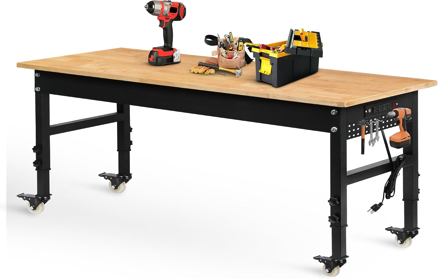 Betterhood 70' Adjustable Workbench on Wheels, 2000 LBS Heavy Duty Work Table with Power Outlets & Pegboard, Rubber Wood Workstation for Garage, Workshop, Office, Home, Commercial
