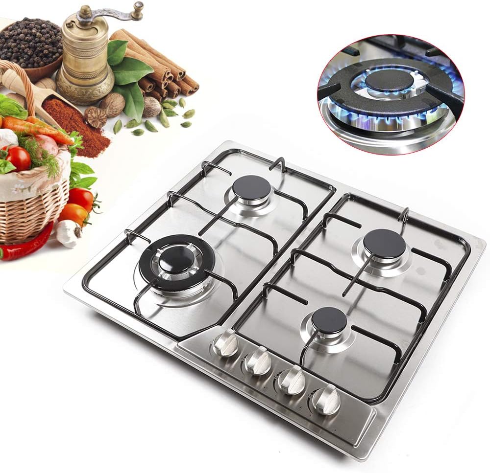 Built-in Gas Cooktop, 4 Burner Gas Hob, Natural Gas Propane Stovetop, 23' Cook Stove with 4 Sealed Burners, Stainless Steel Gas Stove Top with Thermocouple Protection