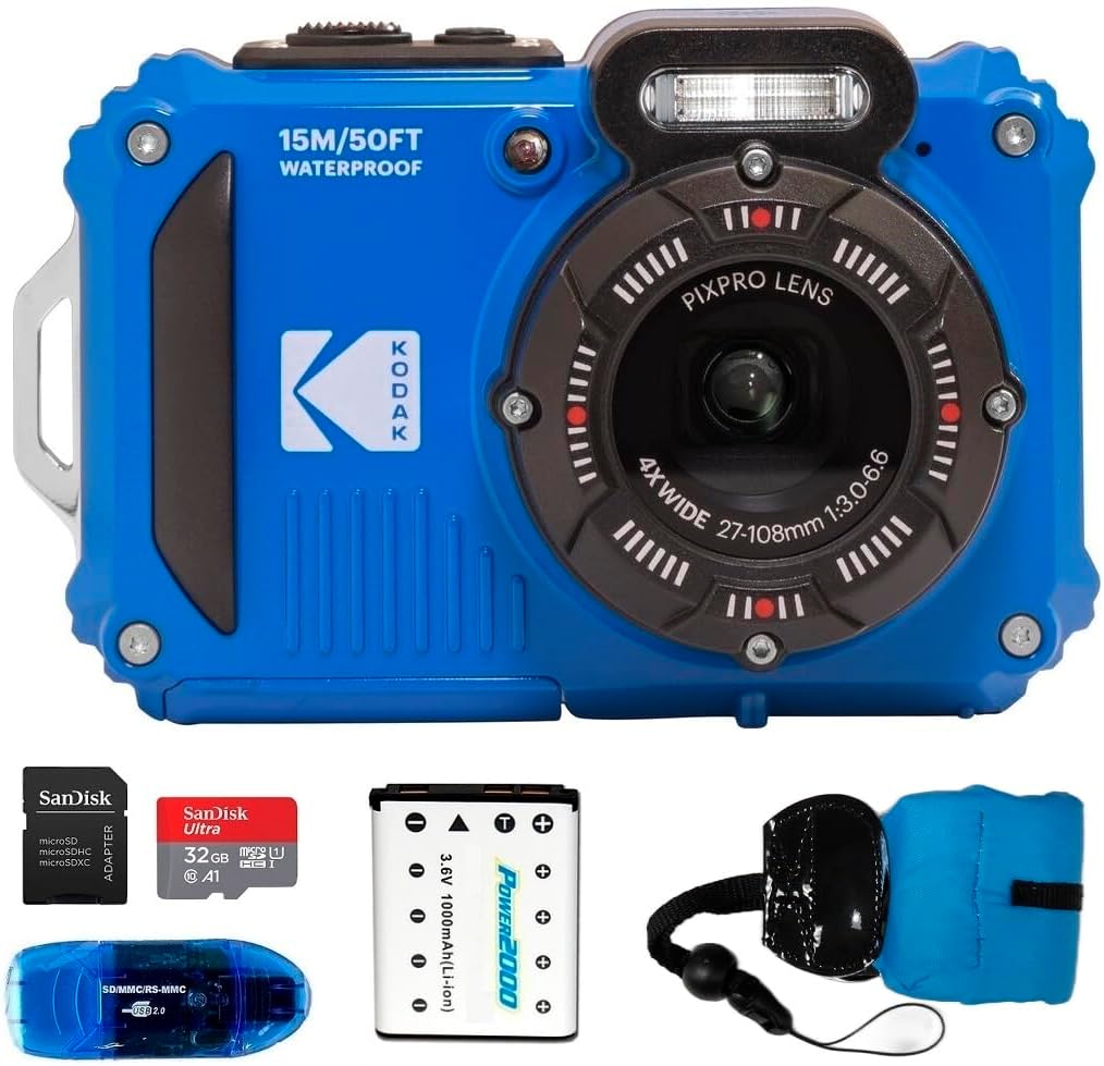 KODAK PIXPRO WPZ2 Waterproof Digital Camera Bundle, Includes: SanDisk 32GB MicroSD Memory Card, Spare Battery and More (5 Items) (Blue)