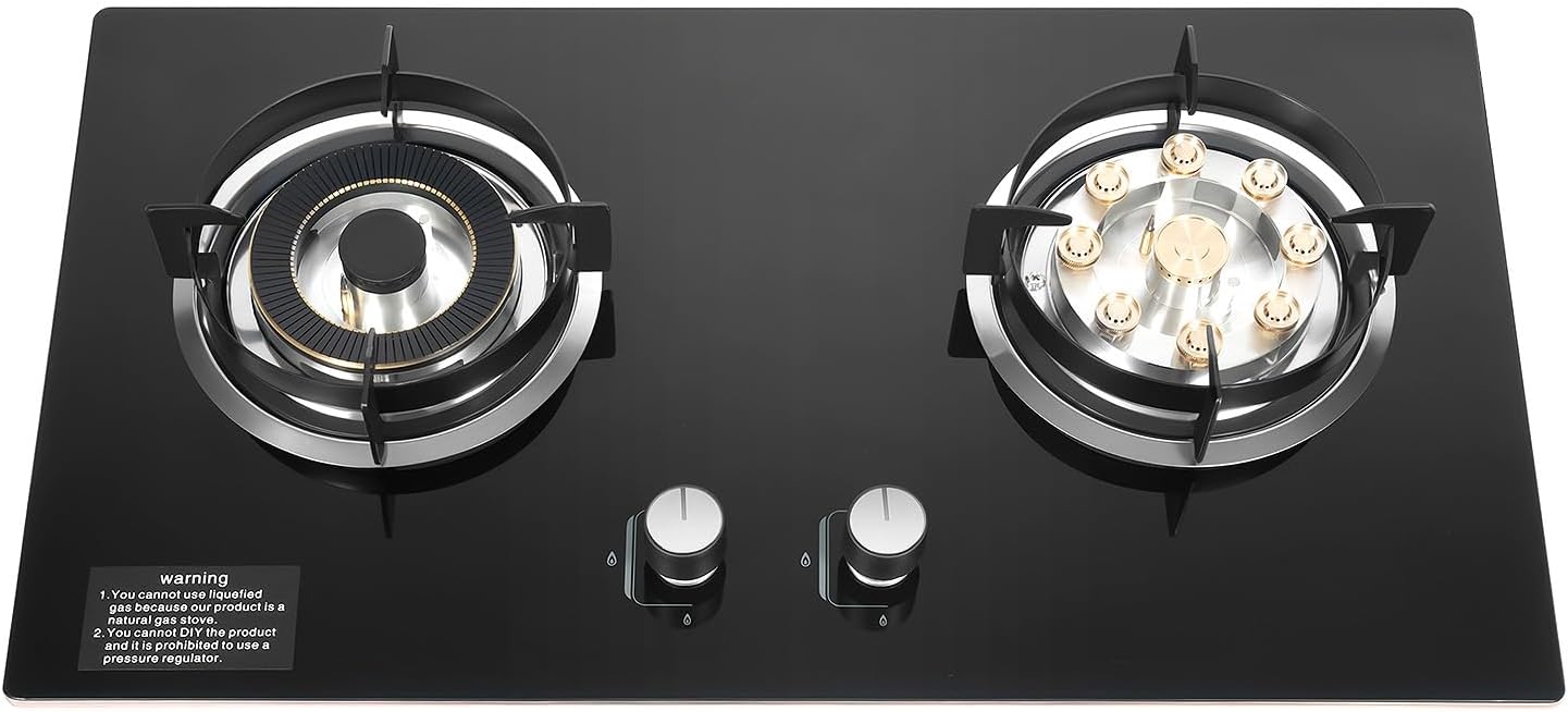 Dual Burner Gas Stove 5.2KW & 4.2KW - Professional Cooking with Flame Failure Protection & Tempered Glass Top for Home Cooks, Countertop/Embedded Installation