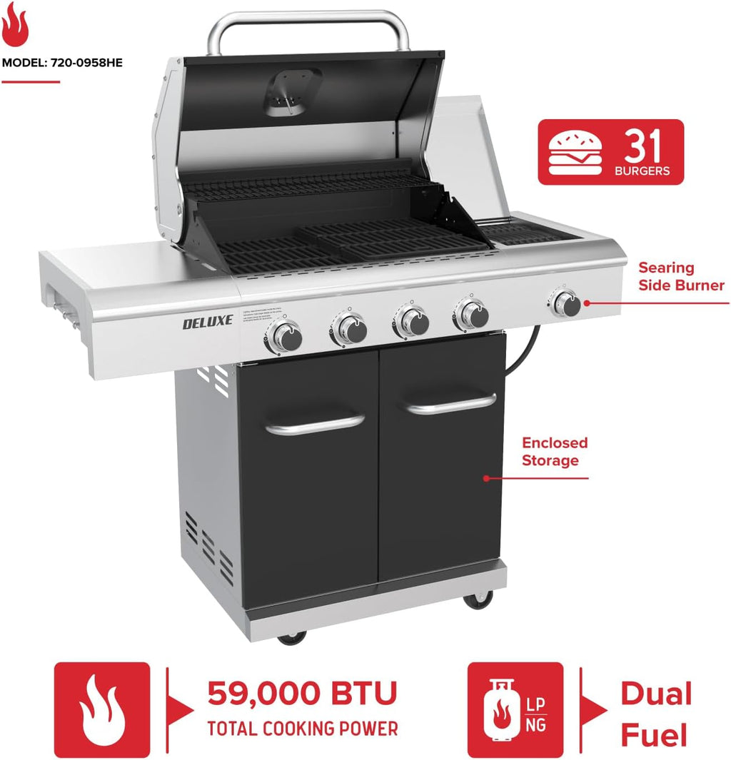 Nexgrill 4-Burner Dual Fuel Gas Grill with Side Burner and Griddle Insert, 626 SQ In Total Cooking Space, 59,000 BTUs Output, BBQ Grill Perfect for Outdoor Gatherings - 720-0958HE