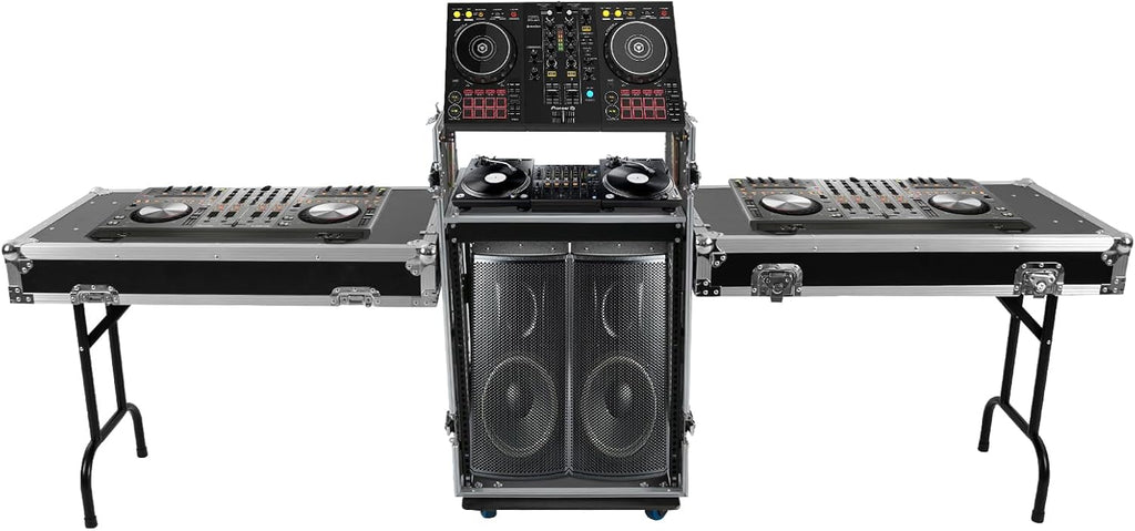 14U PA DJ Rack with 2 DJ Table Tops, 661LBS Recording Studio Racks Audio Equipment Cabinet, Mobile Stereo Rack with 4 Lockable Wheels for Studio/Wedding (14U)