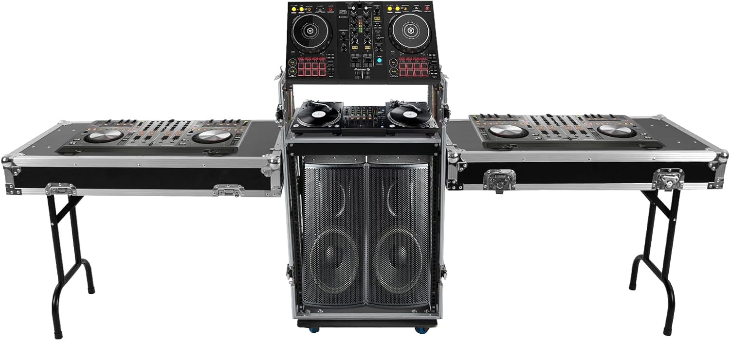 14U PA DJ Rack with 2 DJ Table Tops, 661LBS Recording Studio Racks Audio Equipment Cabinet, Mobile Stereo Rack with 4 Lockable Wheels for Studio/Wedding (14U)