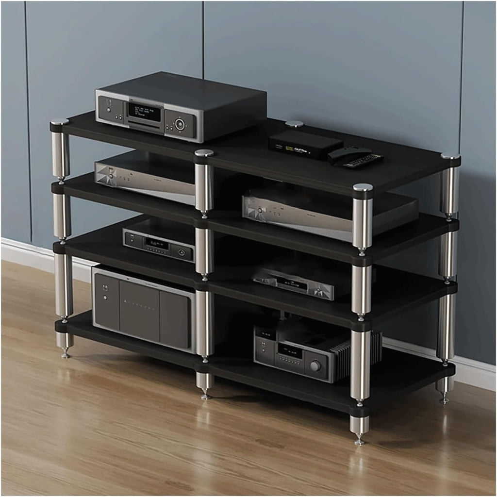 Stereo Stands Modern Audio Rack Tower AV Media Stand Wooden Tiered Shelves 2 Tier,3 Tier,4 Tier Audio Rack Shelf AV Media Player Stand(Black,4 Tier)