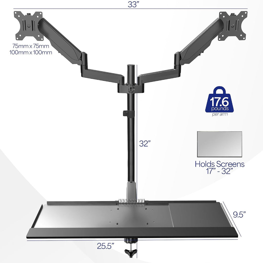 VIVO Black Dual Monitor Sit-Stand Height Adjustable Workstation, Standing Desk Mount with Pneumatic Spring, Holds 2 Screens up to 32 inches STAND-SIT2B