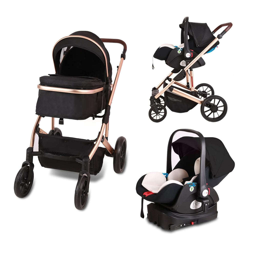 5 in 1 Baby Stroller,Reversible Infant Pushchair, Compact Fold Baby Stroller, Two-Way with Reversible Seat Design, with Aluminum Frame, Large Seat Area, Extra Large Storage Basket(Color:Black)