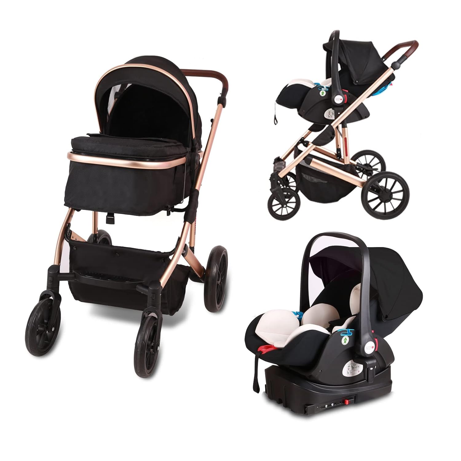 5 in 1 Baby Stroller,Reversible Infant Pushchair, Compact Fold Baby Stroller, Two-Way with Reversible Seat Design, with Aluminum Frame, Large Seat Area, Extra Large Storage Basket(Color:Black)