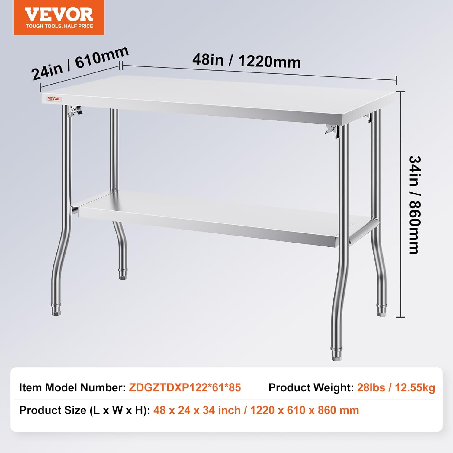 VEVOR Stainless Steel Foldable Work Table, 48 * 24 Inch Heavy Duty Food Outdoor Double Layer Stainless Steel Worktable for Commercial Kitchen Restaurant