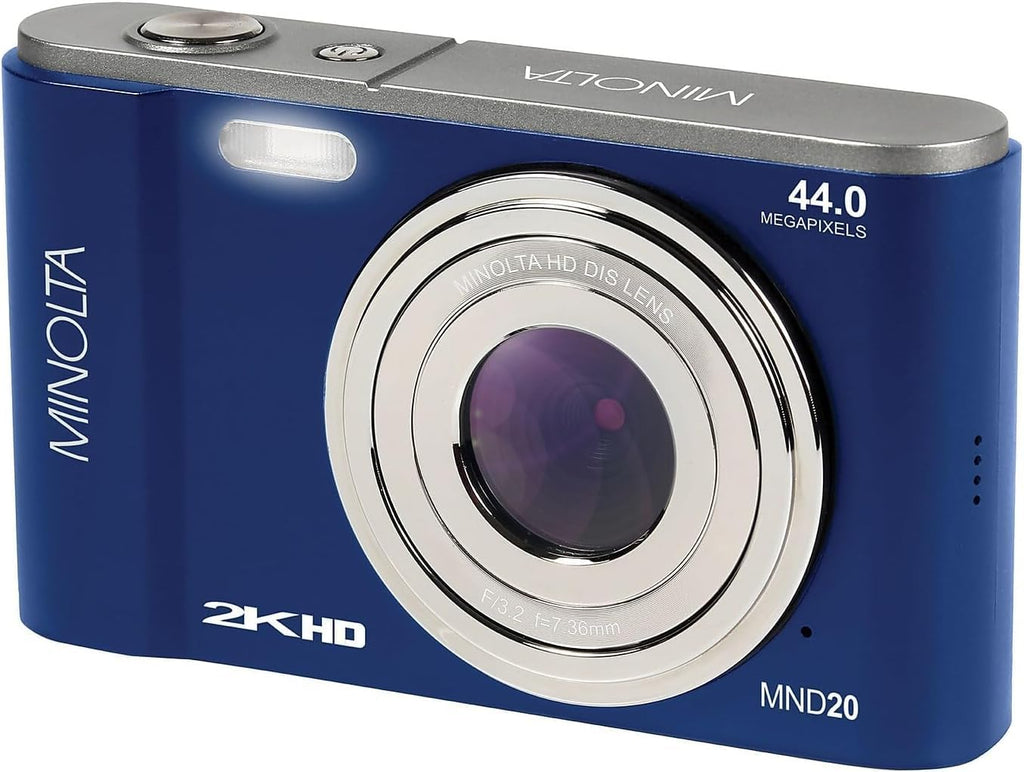 Minolta MND20 44 MP / 2.7K Quad HD Digital Camera (Blue) + 32GB Memory Card + 12 inch Flexible Tripod + Memory Card Wallet + USB Card Reader, SD/microSD + More