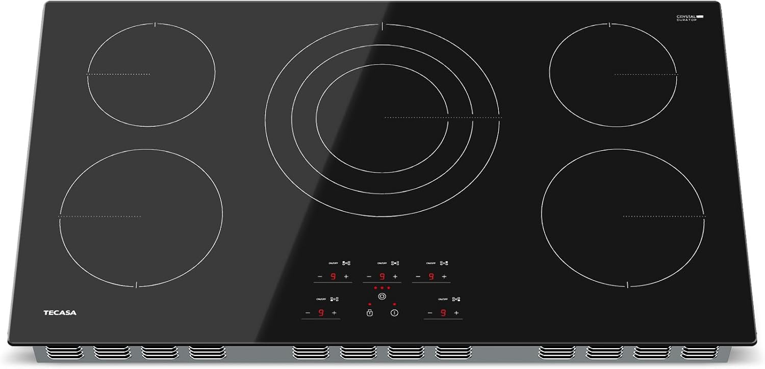 36 Inch Electric Cooktop, TECASA 9000W Radiant Electric Hob with 5 Burners, 240V Built-in Sensor Touch Control Stove Top with Child Safety Lock & Timer, 9 Heating Levels, Hard Wire (No Plug)