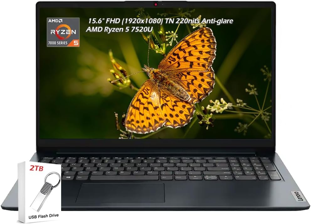 Lenovo Ideapad 1 Laptop, 15.6' FHD (1920x1080) IPS 300nits Anti-Glare Display,AMD Ryzen 5 7520U, AMD Radeon, 8GB RAM 1TB SSD, Wi-Fi6, Windows 11, Abyss Blue, with 2TB Flash Drive, W/GaLiMu