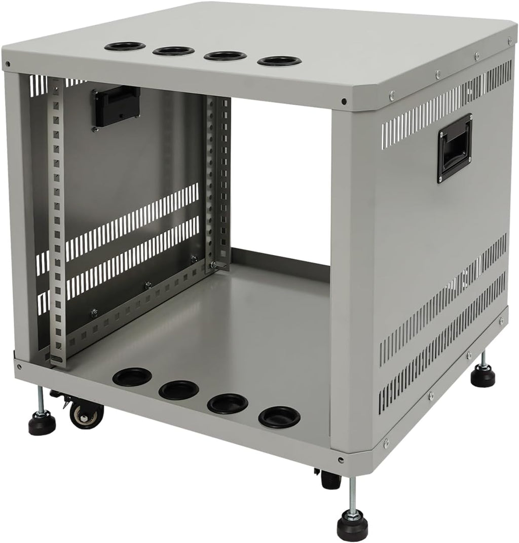 9U Server Rack with Wheels&Leveling Feet, Freestanding Rolling Open Frame IT Network Server Cabinet Rack Shelf for Audio Video Music Recording Computer AV Data & IT Equipment,Grey