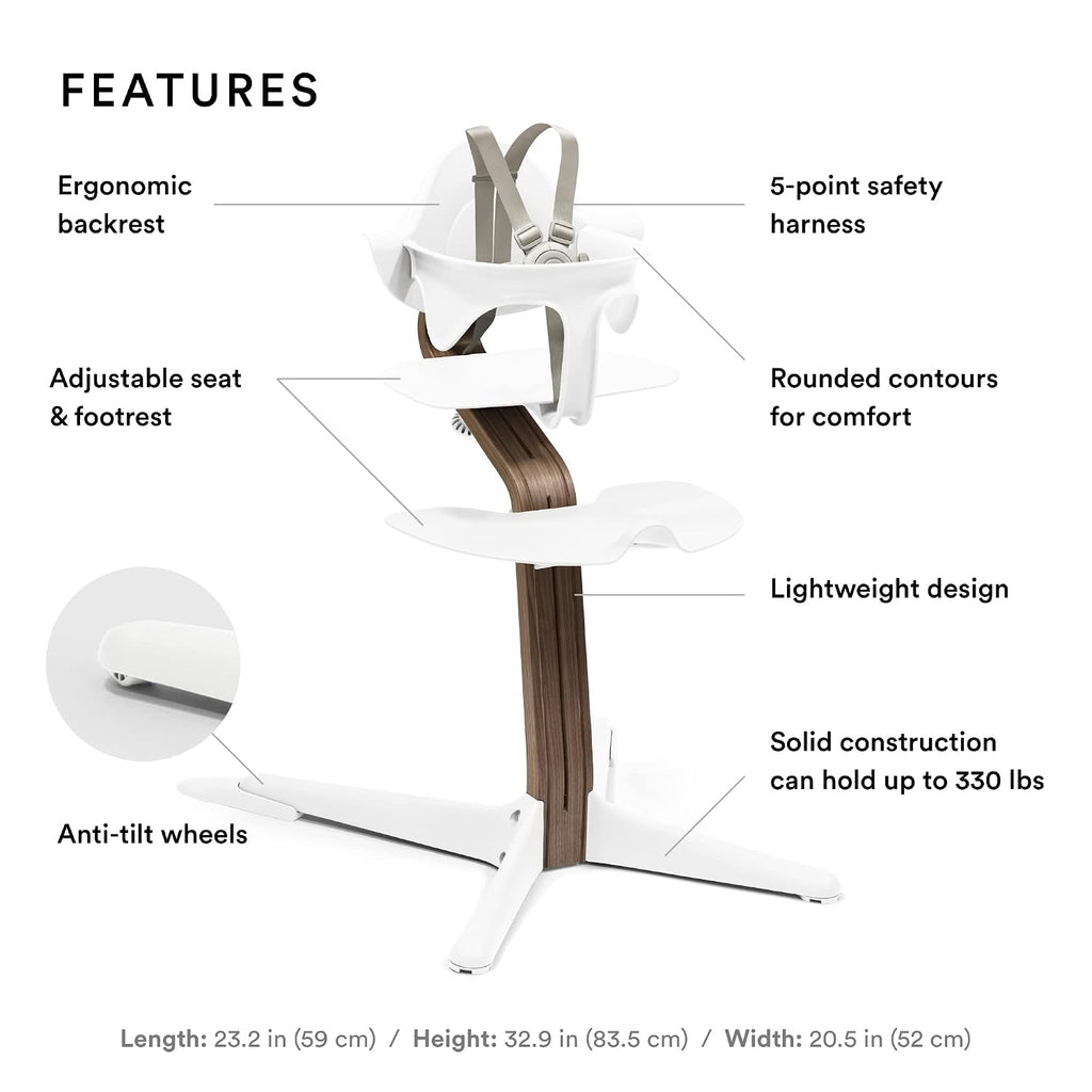 Stokke Nomi High Chair, White/Walnut - Inspires Active Sitting - Tool-Free, Seamless Adjustability - Includes Baby Set with Removable Harness for Children 6-24 Months