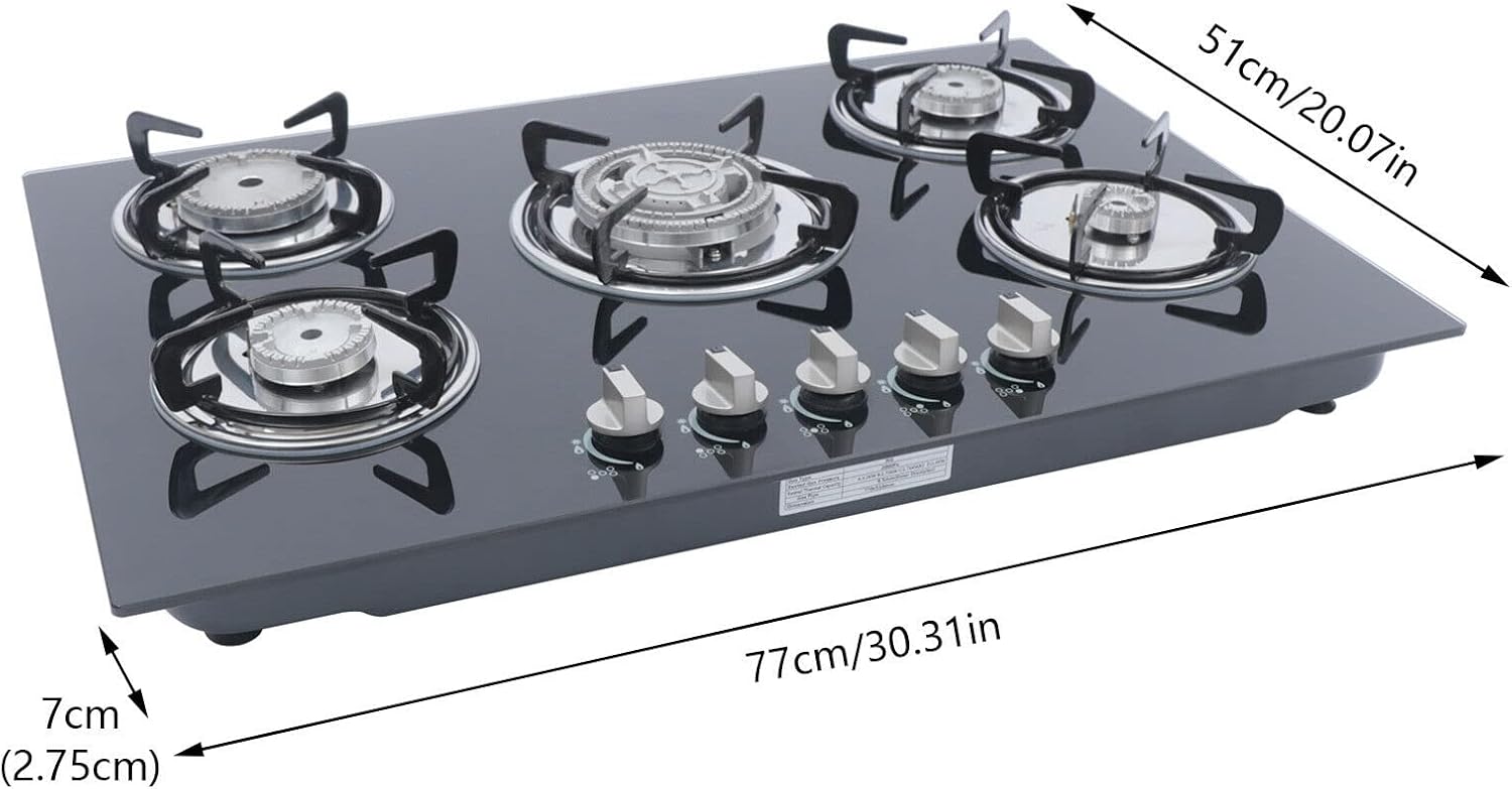 30' Gas Cooktop, Built-in 5 Burners Gas Stove Gas Hob Stovetop Thermocouple Protection Gas Range, Tempered Glass Cooktop Porcelain Ena Grates, Natural Gas LPG Gas Easy to Clean, 30.3'*20'