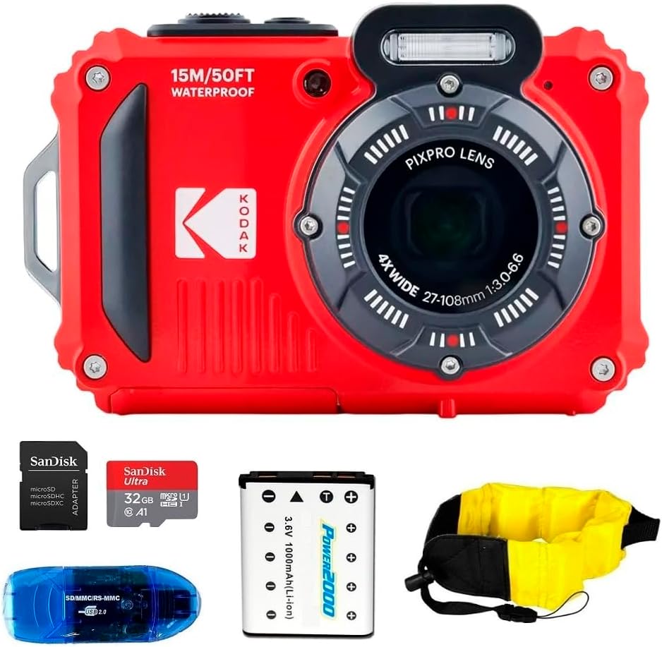 KODAK PIXPRO WPZ2 Waterproof Digital Camera Bundle, Includes: SanDisk 32GB MicroSD Memory Card, Spare Battery and More (5 Items) (Red)