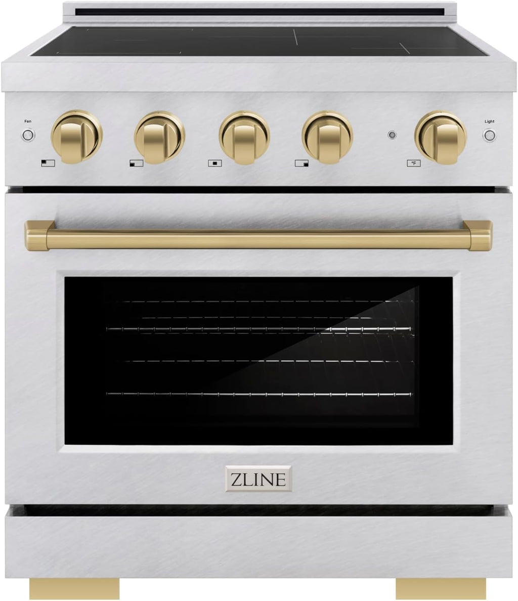 ZLINE Autograph Edition 30 in. 4.2 cu. ft. Paramount Induction Range with 4 Element Cooktop and Electric Convection Oven in Satin Stainless Steel with Champagne Bronze Accents (SINRSZ-30-CB)