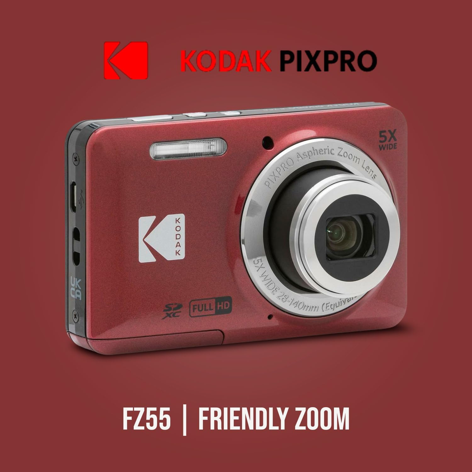 Kodak PIXPRO Friendly Zoom FZ55 Digital Camera (Red) Bundle with 32GB Memory Card and Digital Camera LCD Screen Protectors (3 Items)