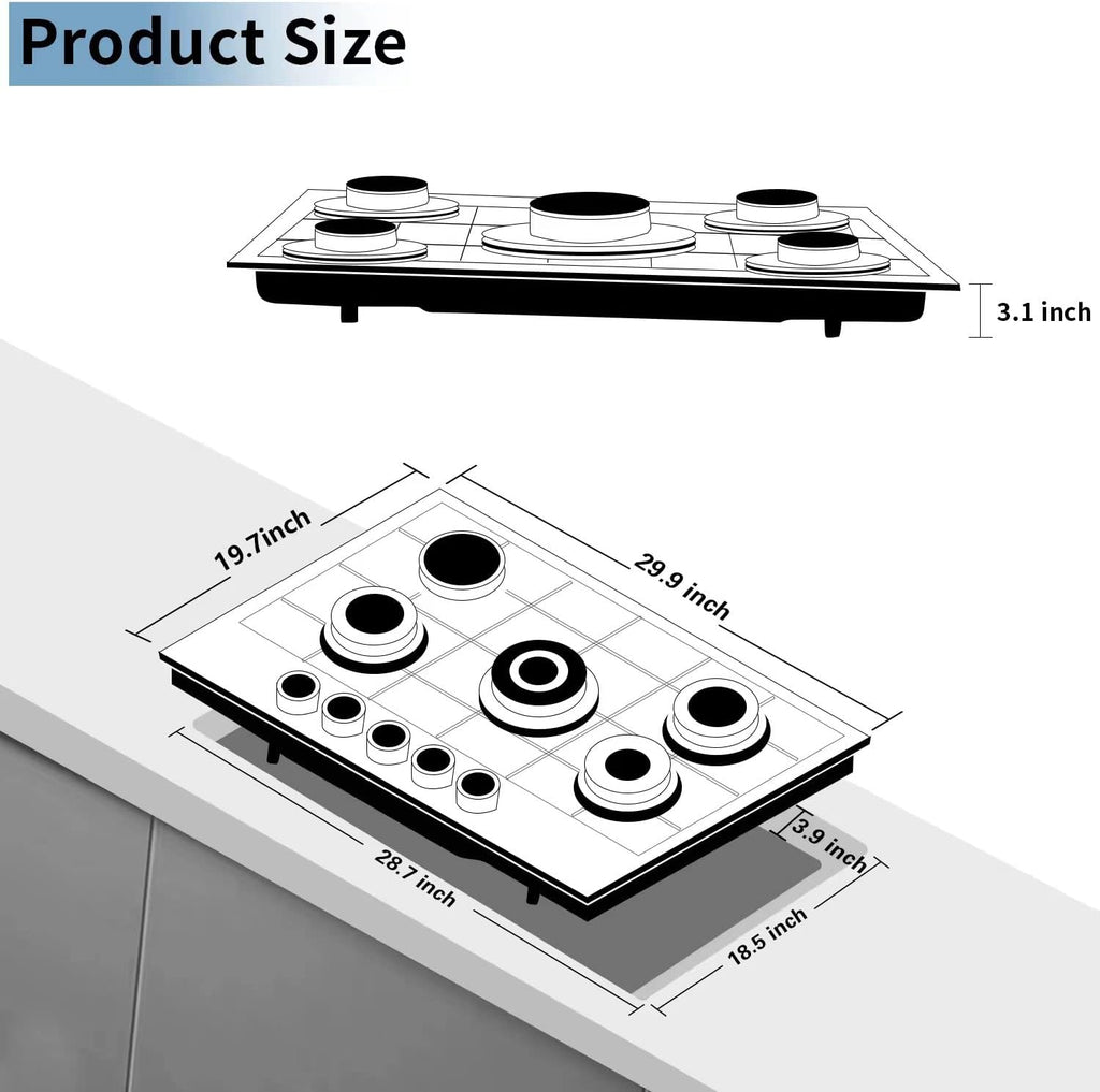 30 Inch Gas Cooktop, 5 Burners Built-in Gas Stovetop Stainless Steel LPG/NG Gas Stove Dual Fuel Sealed Gas Hob with Wok Stand and Pressure Regulator