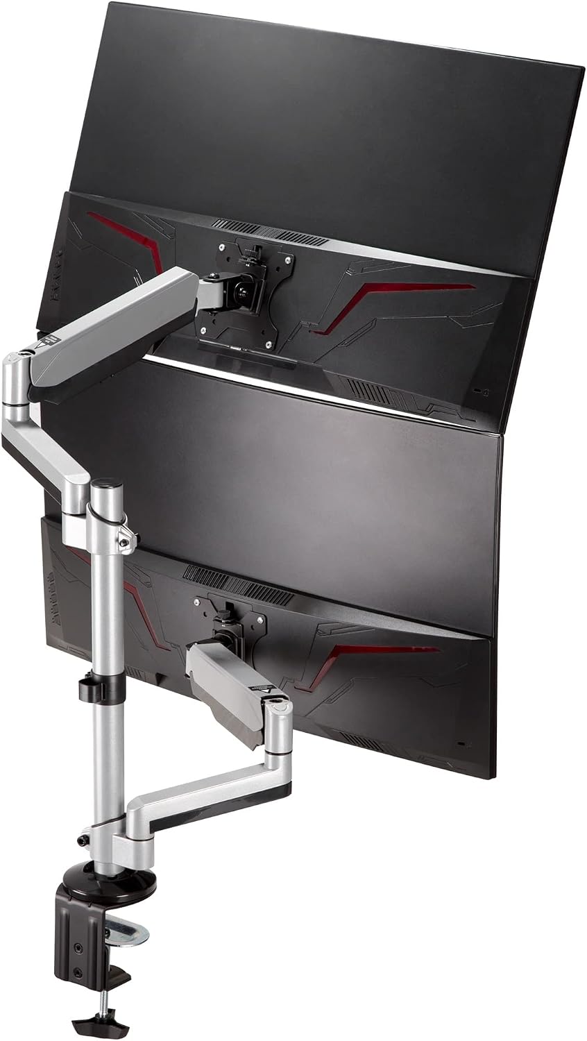 AVLT Dual 17'-32' Stacked Monitor Arm Desk Mount for 2 Flat or Curved Screens, Full Motion Height Adjustable with Swivel, Tilt, Rotation, Extra Tall, VESA, C-Clamp or Grommet Base