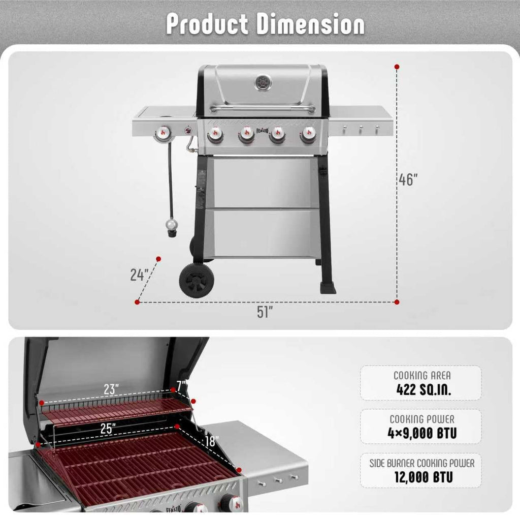 Feasto Propane Gas Grill, 36,000 BTU Outdoor Patio BBQ, Porcelain-Enameled Cookbox & Porcelain-Enameled Cast-Iron Grates, 559 Sq. In., Black (Black, 4) (Stainless Steel)