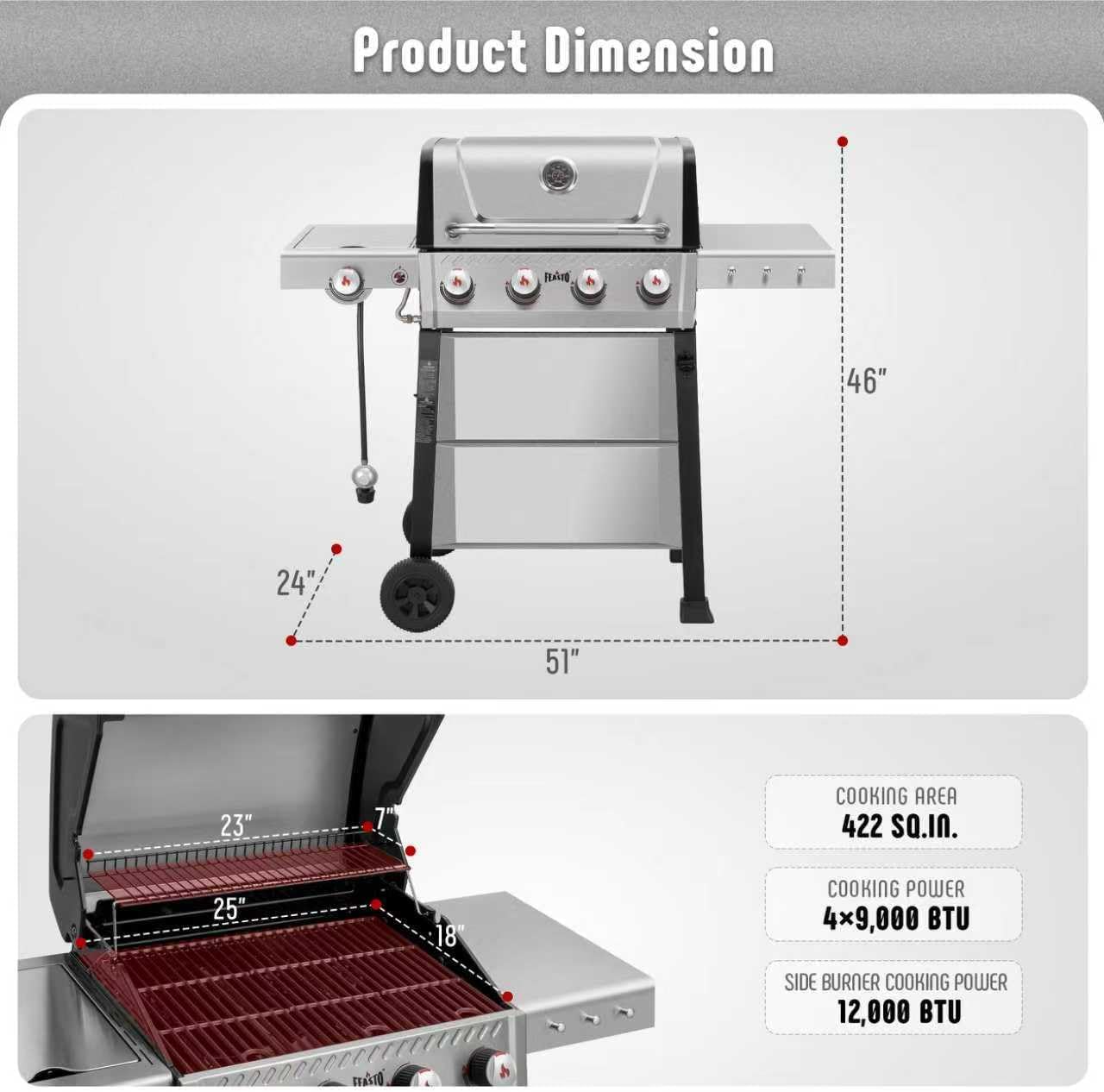 Feasto Propane Gas Grill, 36,000 BTU Outdoor Patio BBQ, Porcelain-Enameled Cookbox & Porcelain-Enameled Cast-Iron Grates, 559 Sq. In., Black (Black, 4) (Stainless Steel)