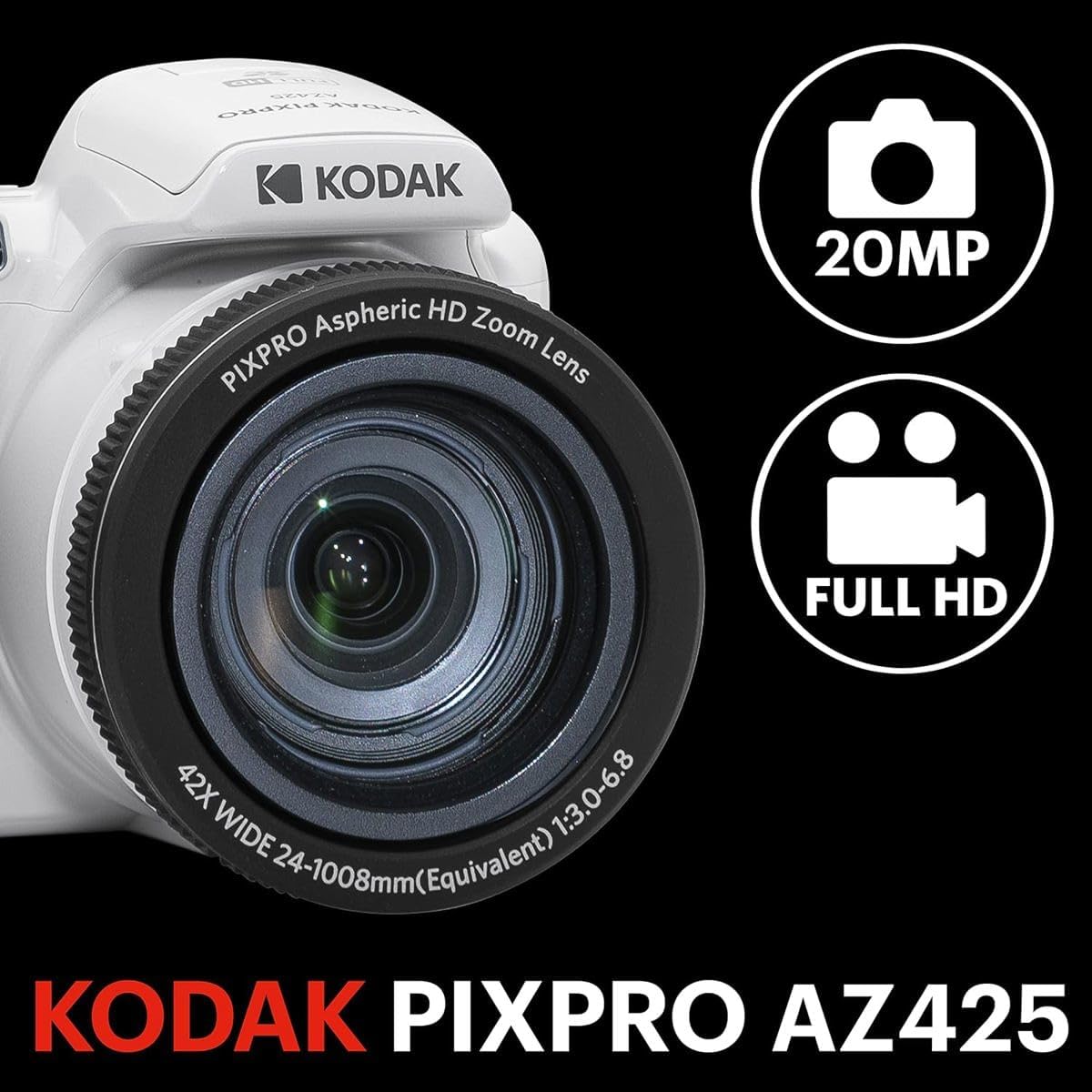 KODAK PIXPRO AZ425-RD 20MP Digital Camera 42X Optical Zoom 24mm Wide Angle 1080P Full HD Video Optical Image Stabilization Li-Ion Battery 3' LCD Vlogging, 32GB SD Card & Camera Bag (White)