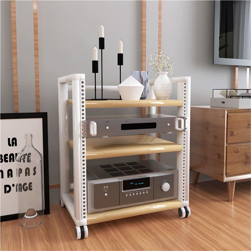 12U/16U/20U Open Frame Server Rack, Multi-Layer Audio Rack with Adjustable Shelves and Wheels, 4 Post AV Rack for Blu-Ray, DVD, Game Consoles, Amplifiers, AV Equipment(Small)